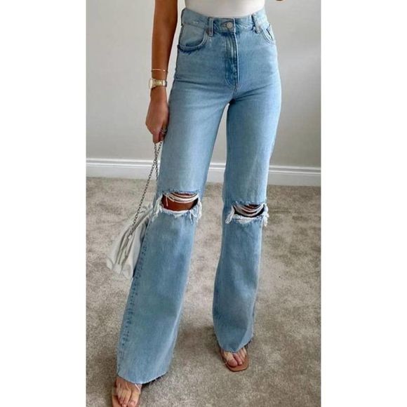 Zara Denim - ZARA Wide Leg High Rise  Long Length Ripped Jeans New US 6